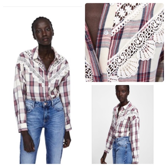 Zara Tops - Zara Plaid Shirt Lace Trim Button Down Long Sleeve